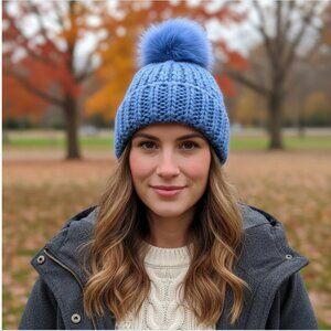 KYIKYI Chunky Knit Faux Fur Pom-Pom Beanie Cable Knit Handmade Wool Sky Blue